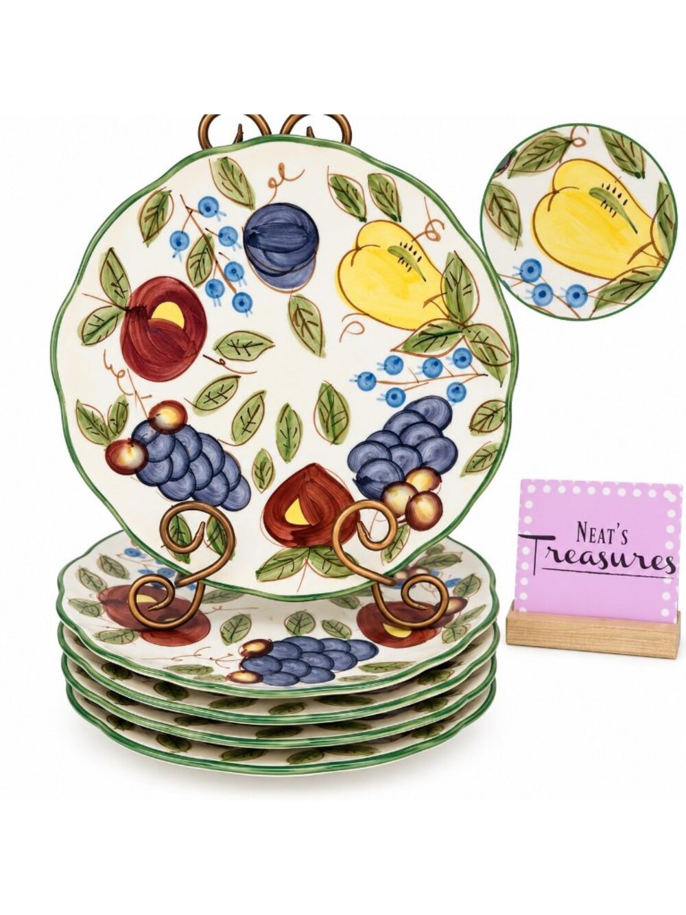 Vintage Emerald FRUIT Hand Painted Scalloped Ceramic 10.5" Dinner Plates Set 5